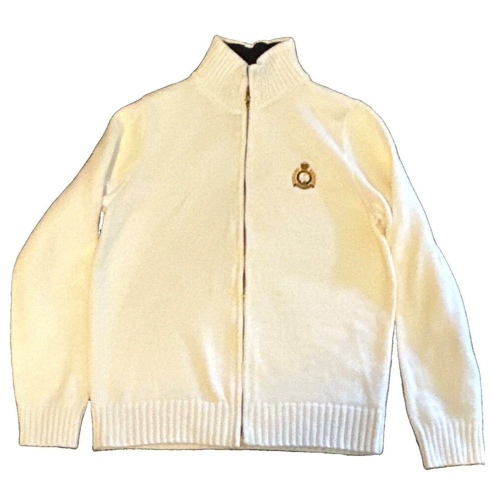 Lauren Ralph Lauren Womens L White Full Zip Sweater Crest Logo Mock Neck Knit